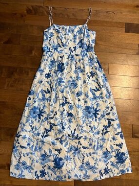 Linen Blue Floral Sundress - Spaghetti Strap